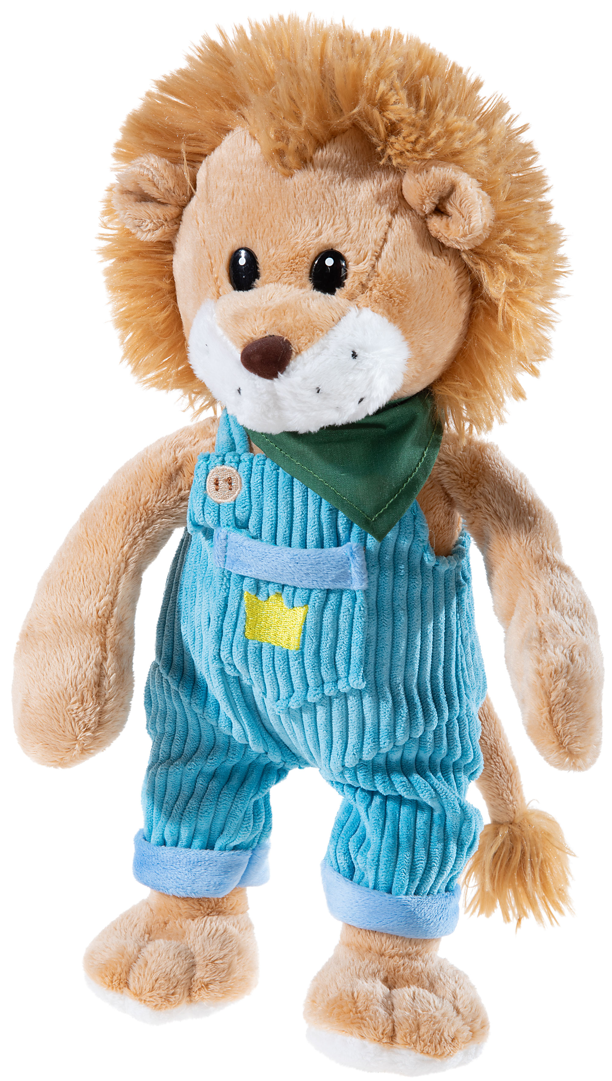 Plüsch-Löwe in blauer Latzhose mit grünem Halstuch Süßer Plüsch-Löwe mit blauer Latzhose und grünem Halstuch, ideal für Kinder