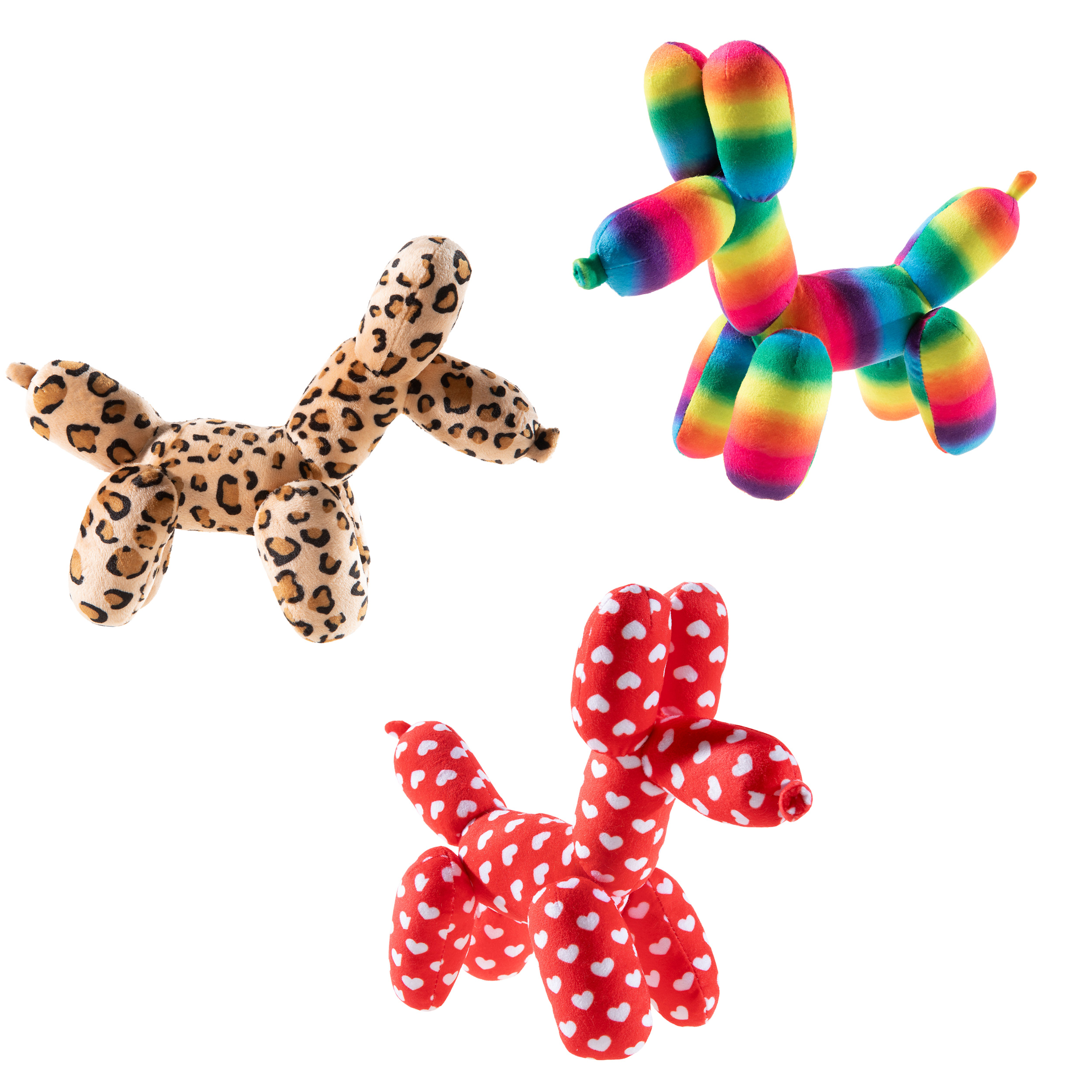 Drei bunte Plüschtiere im Ballonhund-Design: ein Regenbogen-Hund, ein roter Hund mit weißen Herzen und ein Hund mit Leopardenmuster.