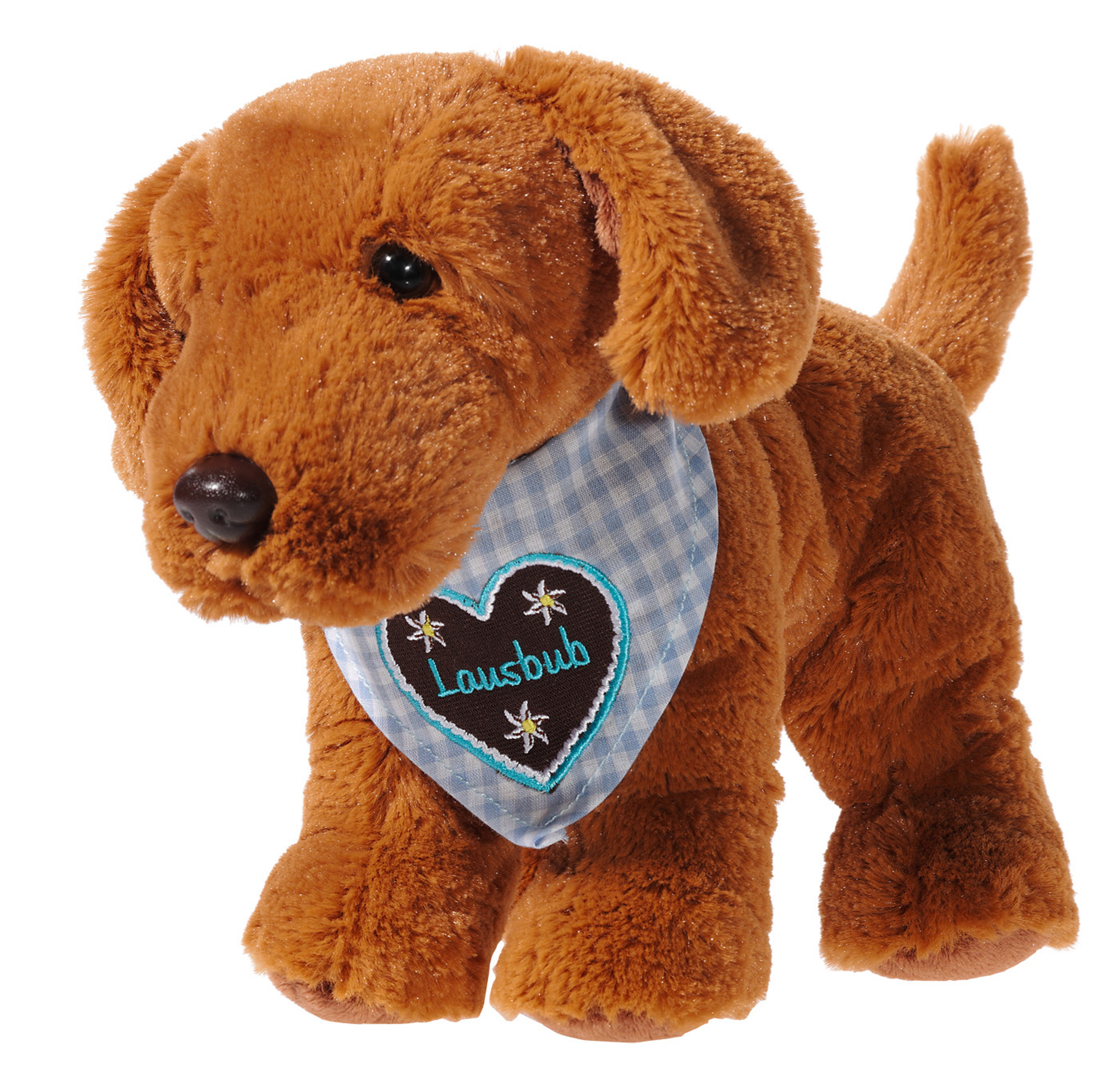 Heunec brauner Hund, stehend mit blau kariertem Halstuch und aufgedrucktem Herz mit i mog di Schriftzug