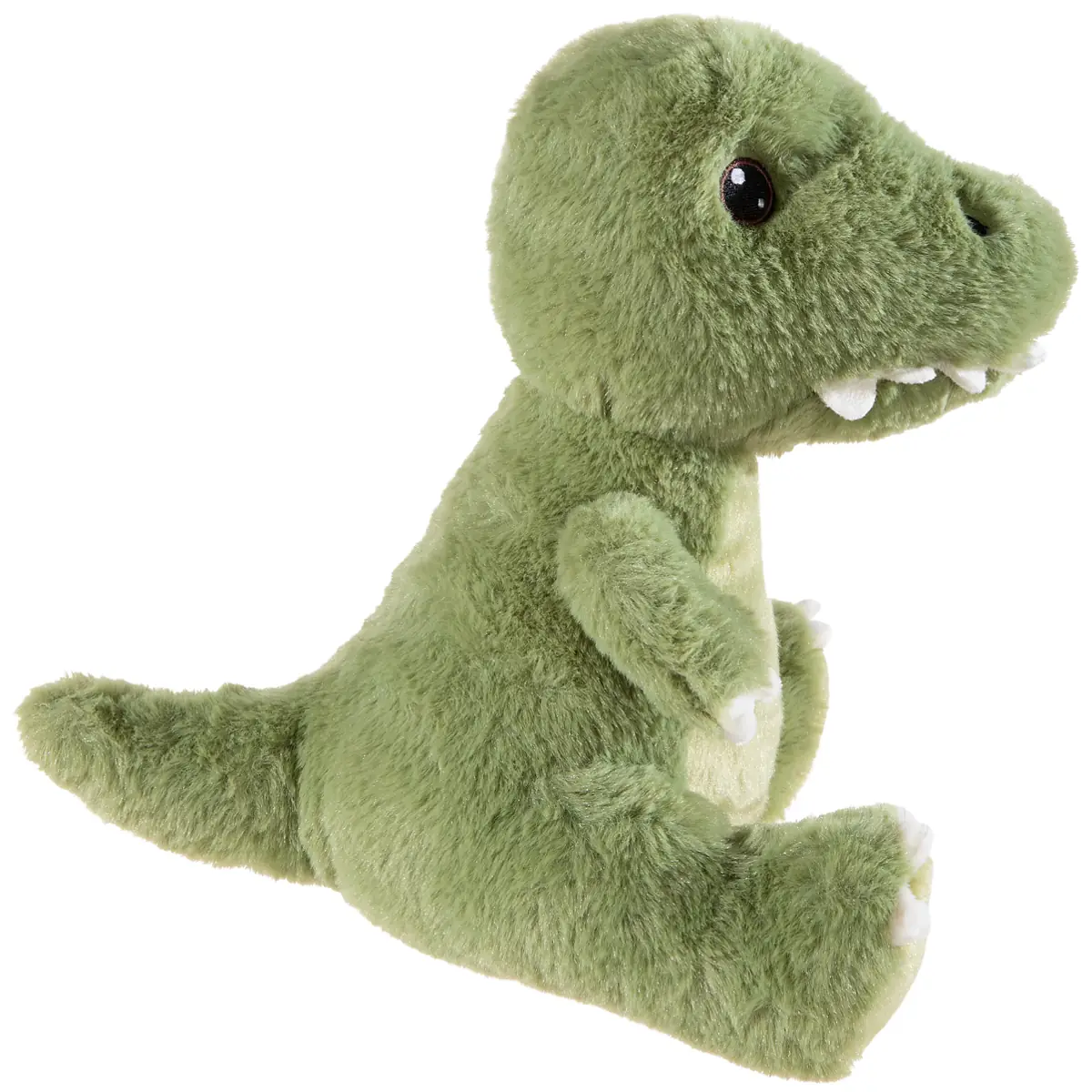 Grüner T-Rex als 26 cm großes Plüschtier mit cremefarbenem Bauch, kurzen Armen und freundlichem Gesicht, weich und ideal zum Kuscheln, aus recyceltem Material gefertigt - Seitenansicht
