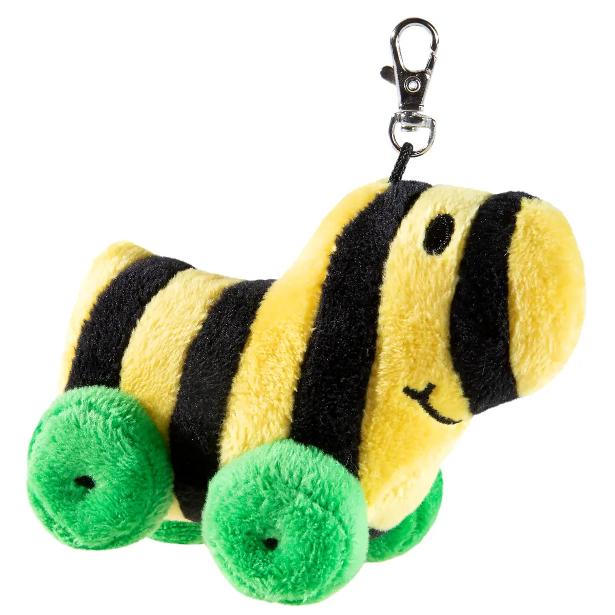Gelb-schwarz gestreifter Janosch Tiegerente Plüsch-Schlüsselanhänger mit grünen Rädern