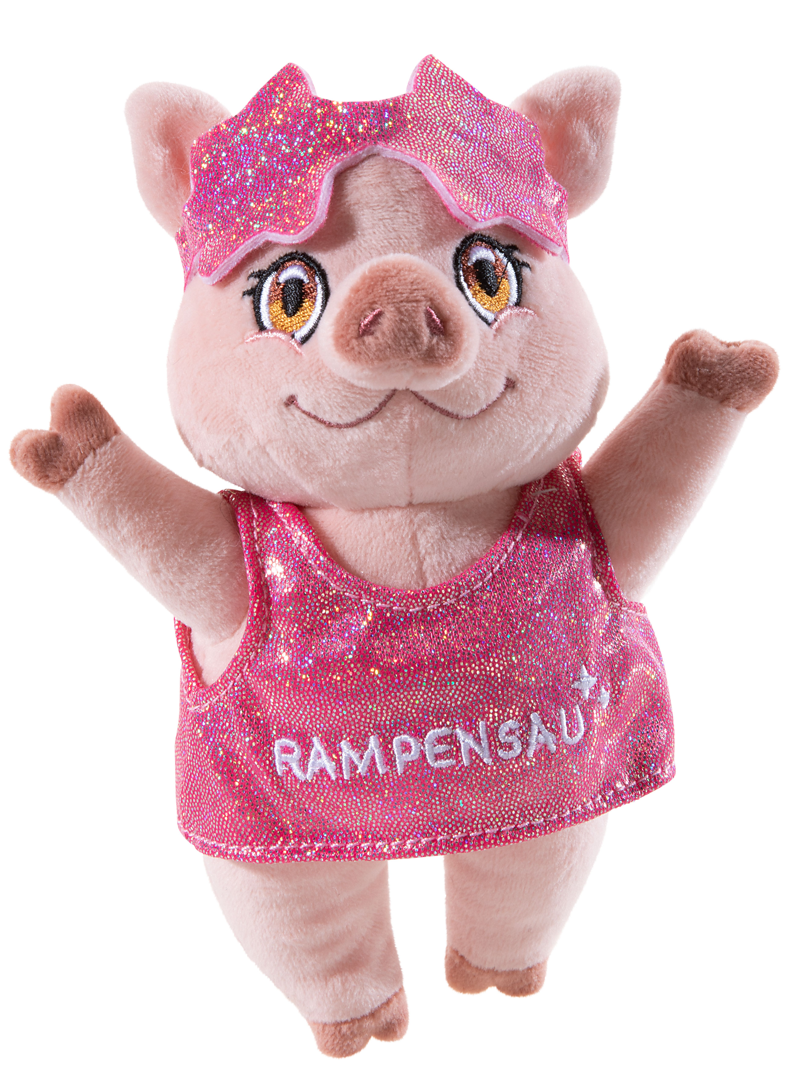 Kuscheliges Plüschschwein Rampensau in einem funkelnden Glitzerkostüm mit dem Schriftzug 'Rampensau'. Perfekt als Geschenk für Kinder.