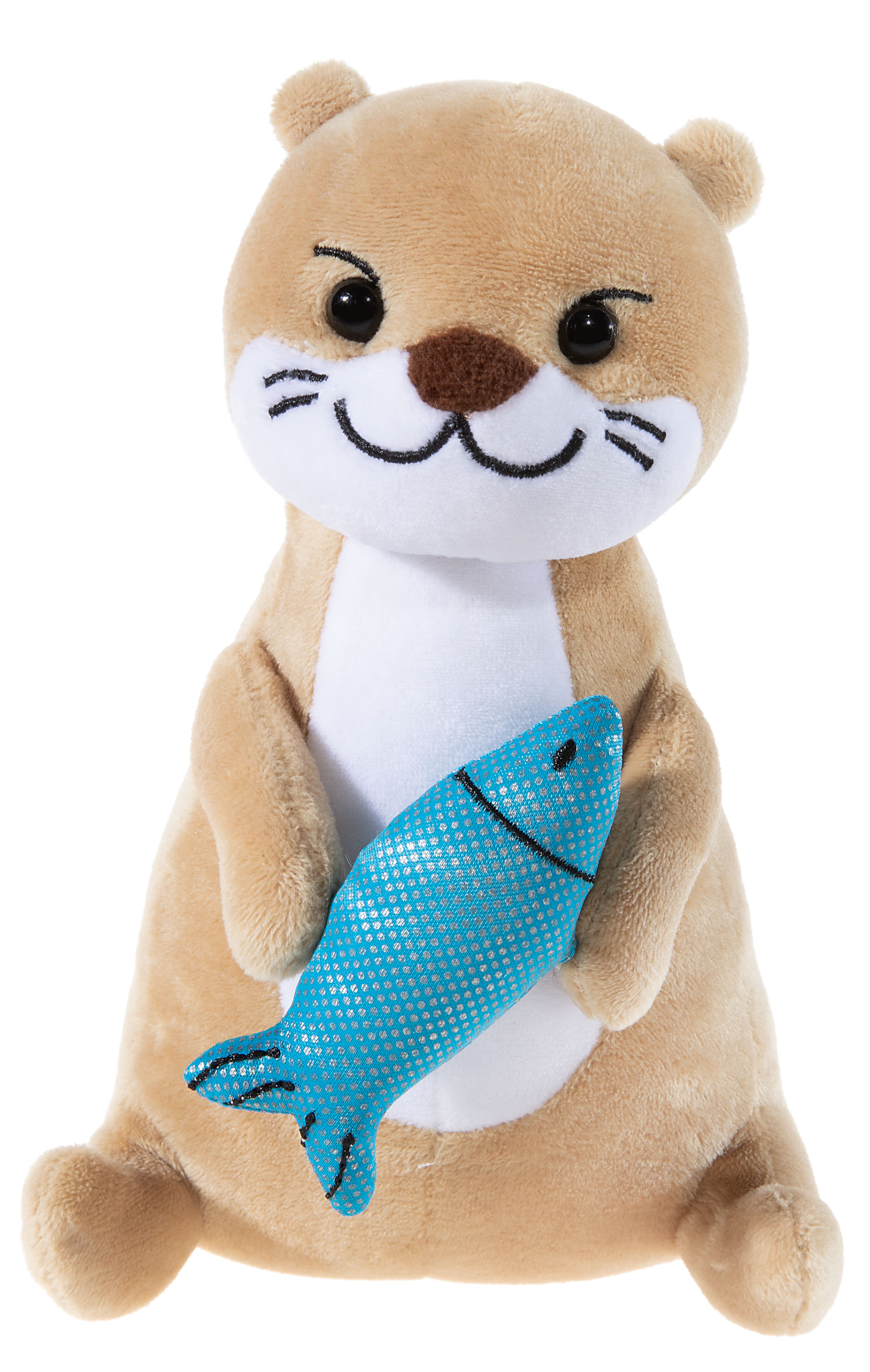 Ein kuscheliger, brauner Plüschotter, der ein glänzendes, blaues Fischspielzeug hält.
