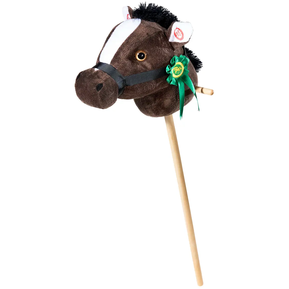 Steckenpferd Plüschtier 78 cm in Dunkelbraun mit grüner Plakette, Soundfunktion und FSC-Holzstab für Hobby Horsing und fantasievolles Spielen.