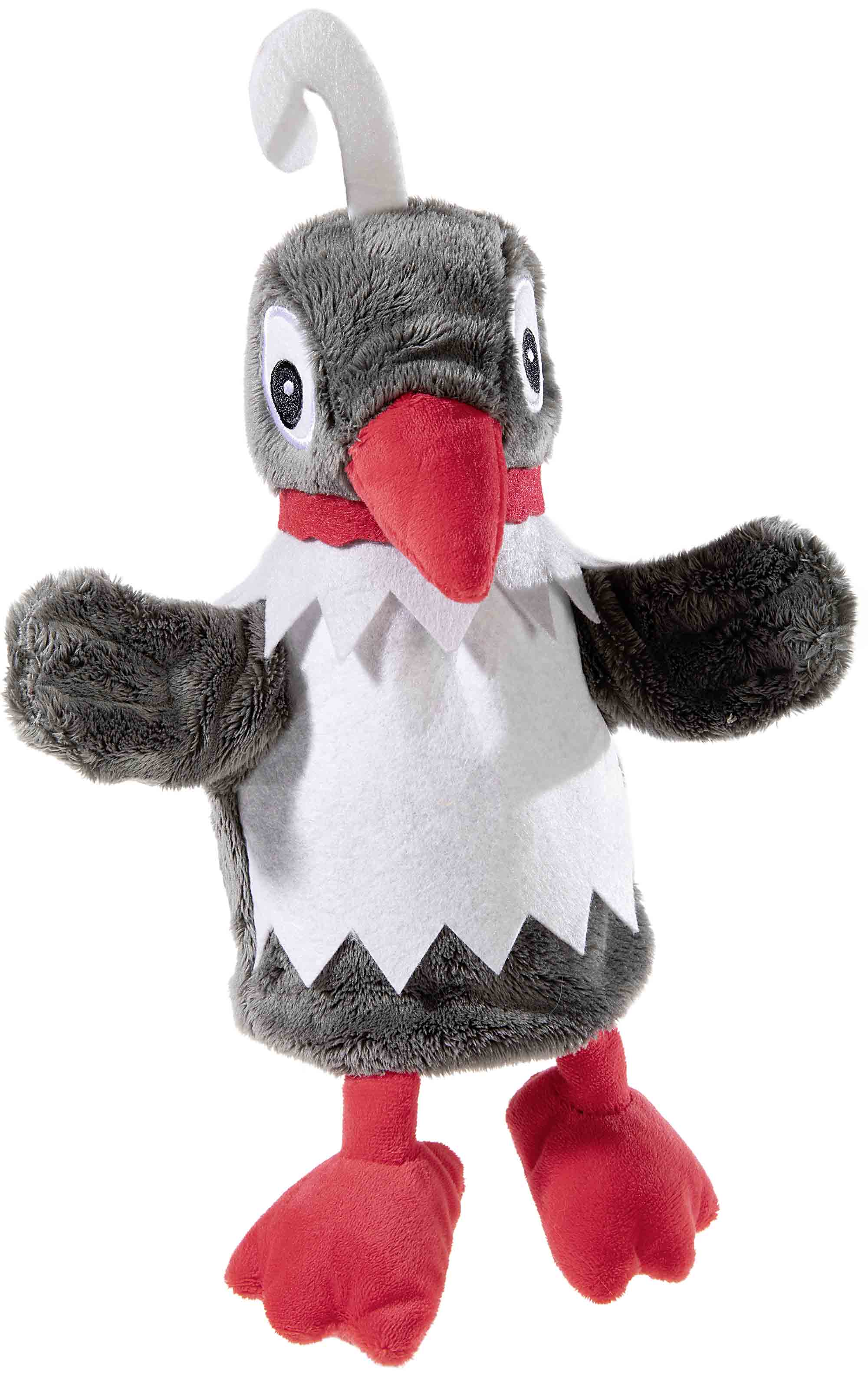 Kuscheltier einer Möwe mit grauem, weißem und rotem Design, ideal für Kinder