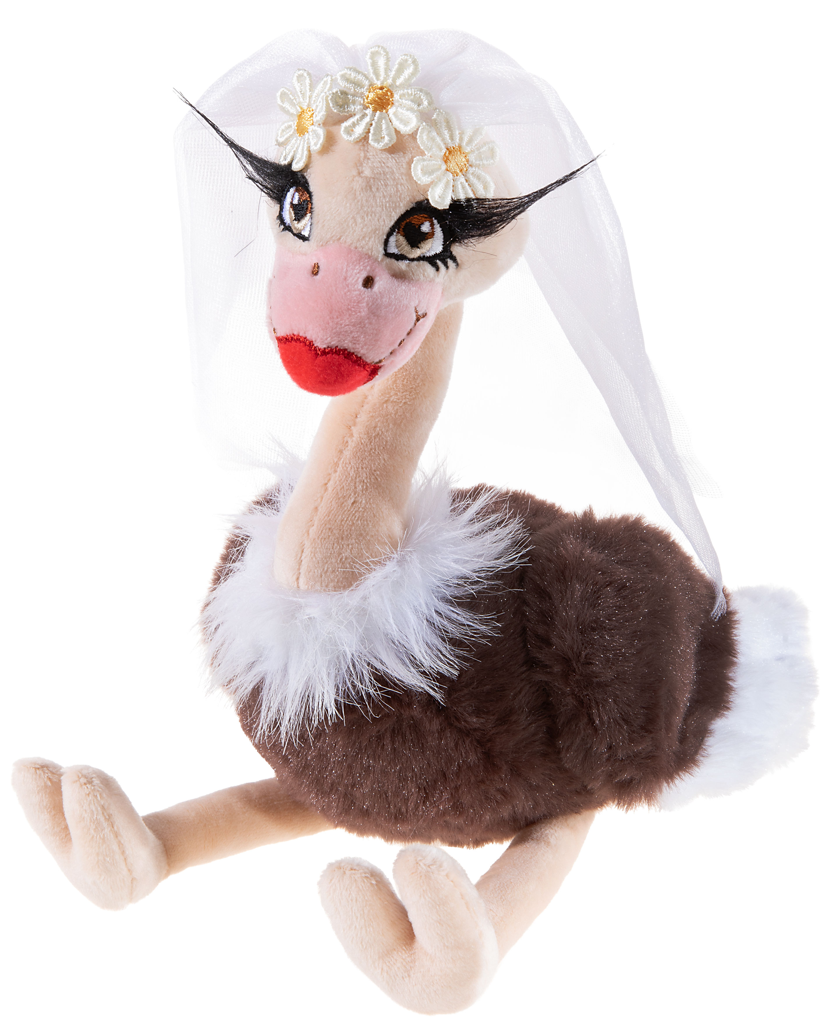 Ein Plüschstrauß trägt einen weißen Schleier und einen Blumenkranz mit Gänseblümchen auf dem Kopf. Der Körper des Straußes ist aus weichem, braunem Plüschmaterial, ergänzt durch eine flauschige, weiße Federdekoration.