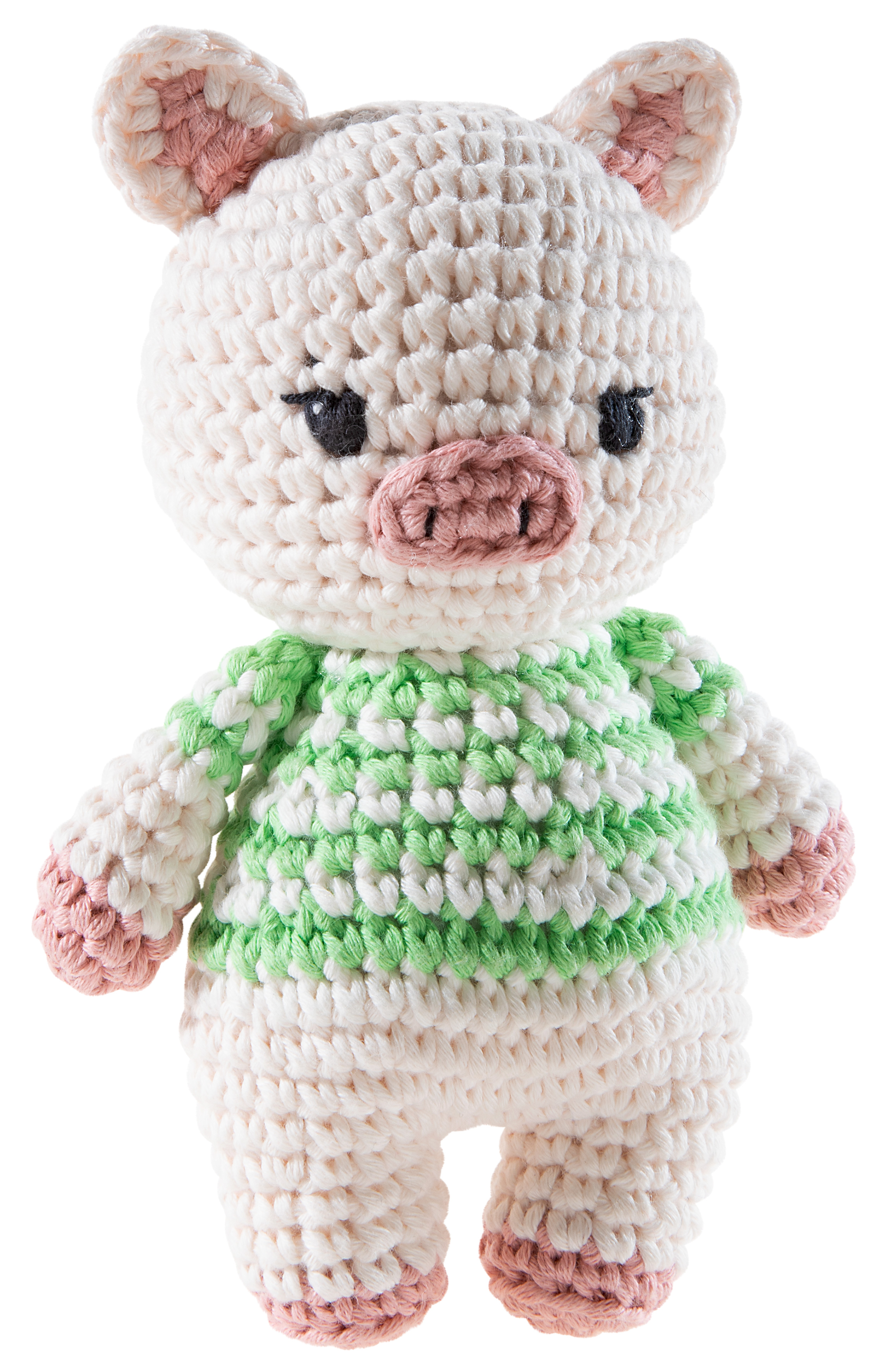 Handgehäkeltes Kuscheltier Schwein mit grün-weißem Pullover Ein süßes, handgehäkeltes Stofftier in Form eines Schweins, das einen grün-weißen Pullover trägt.