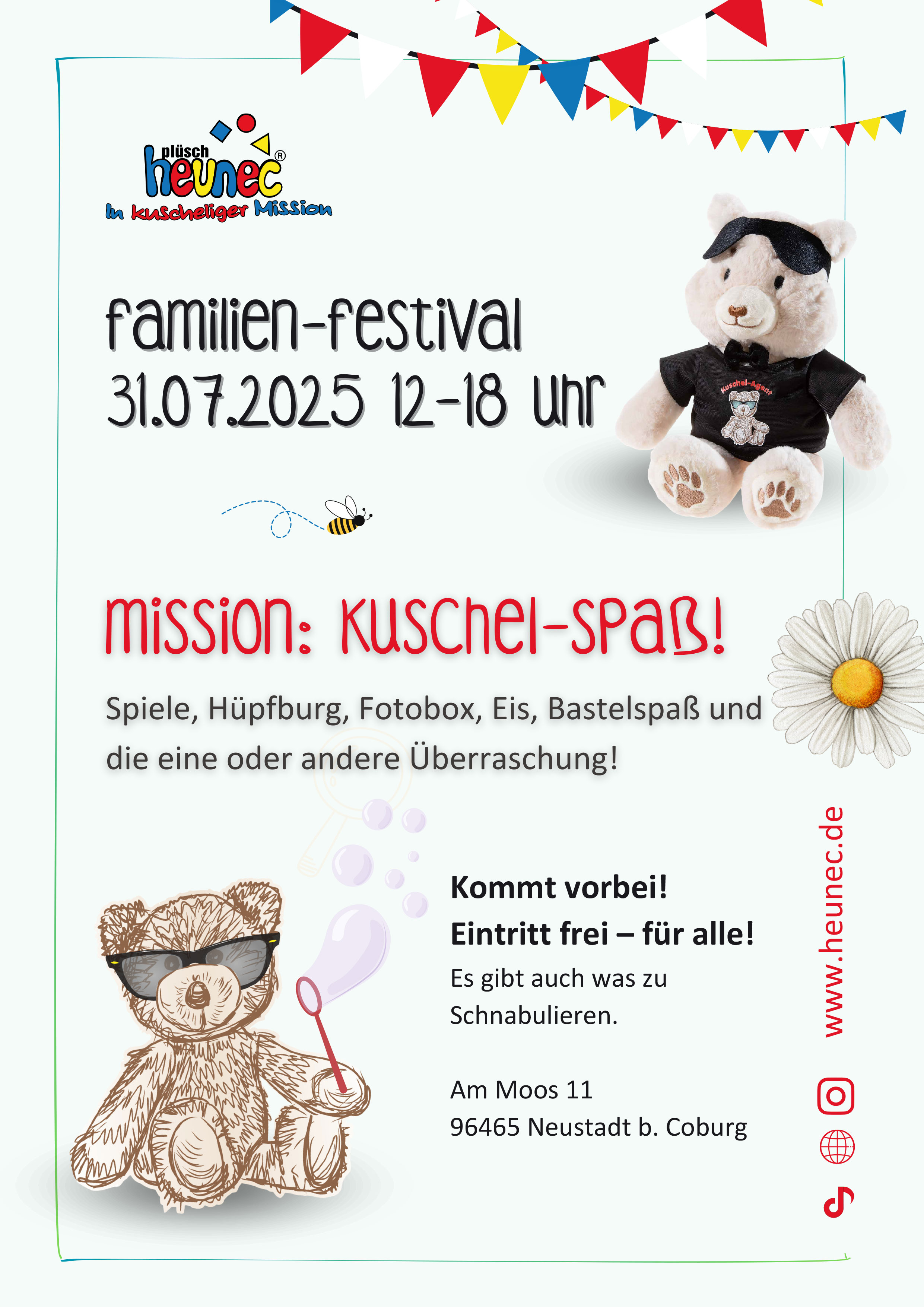 Heunec Familien-Festival am 31.07.2025: Mission Kuschel-Spaß Werbung für das Heunec Familien-Festival am 31.07.2025 von 12 bis 18 Uhr mit Spielen, Hüpfburg und Überraschungen. Eintritt frei.