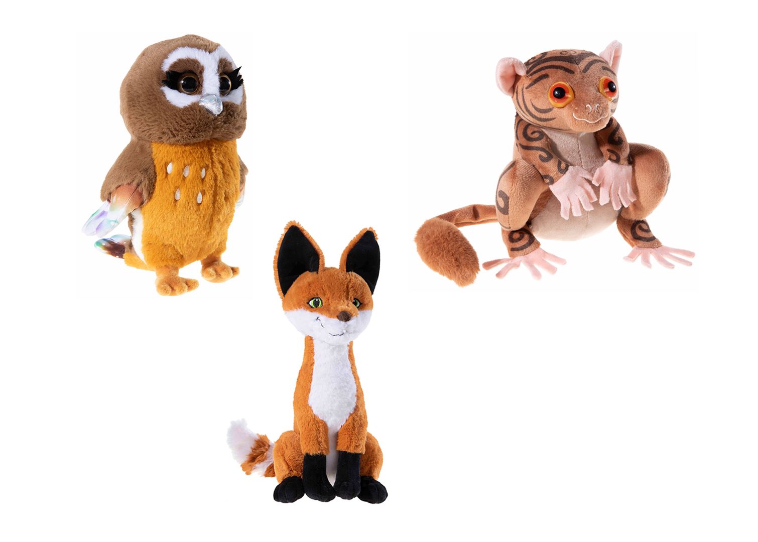 Die Schule der magischen Tiere im Bundle - als 3er Set: Muriel, Fitzgeraldo und Rabbat Die Schule der magischen Tiere im Bundle - als 3er Set: Eule Muriel ist aus braun-orangenem Plüsch und mit Bunten Federn hinten, Fuchs Rabbat in rot-braunem Plüschstoff und Fitzgeraldo mit verrückten großen Augen und aus braunem Plüschstoff