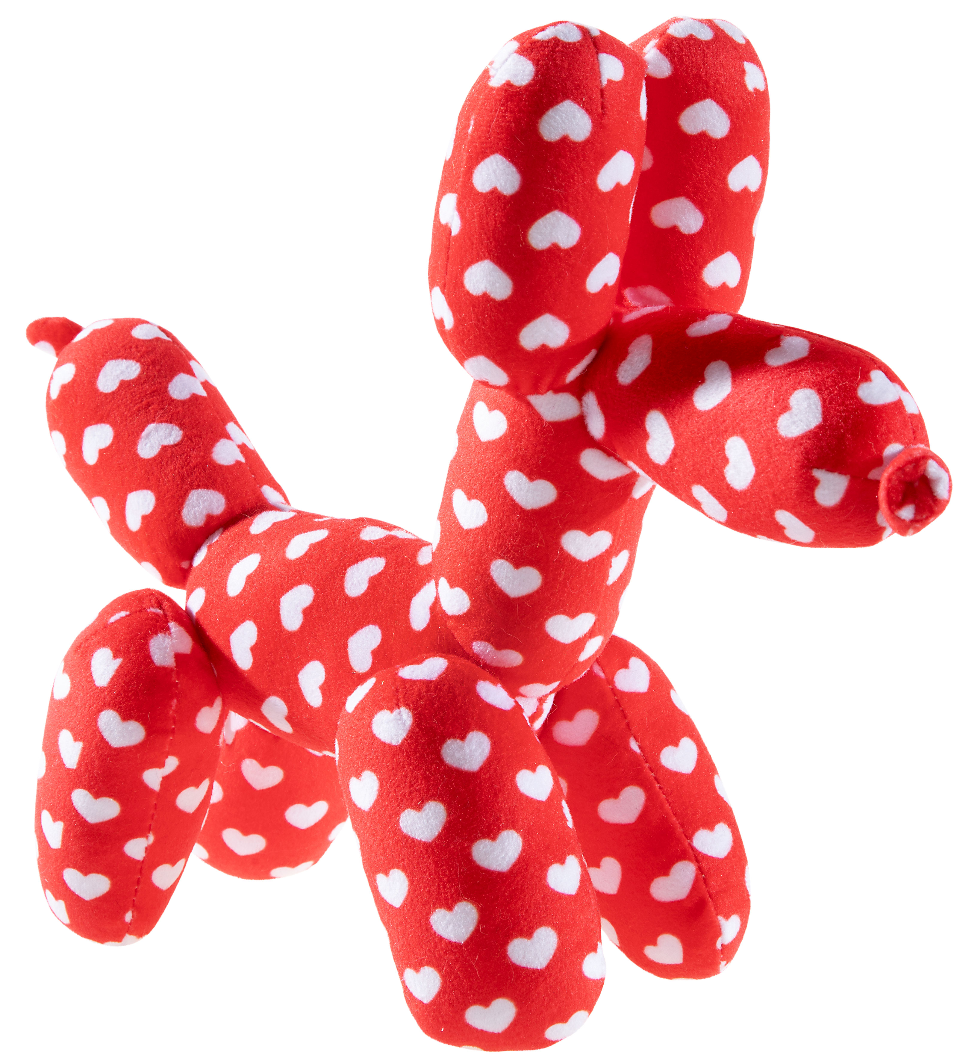 Rotes Stofftier in Ballonhund-Form mit Herzen Rotes Stofftier in der Form eines Ballonhundes, bedruckt mit weißen Herzen, ideal als Geschenk oder Dekoration.