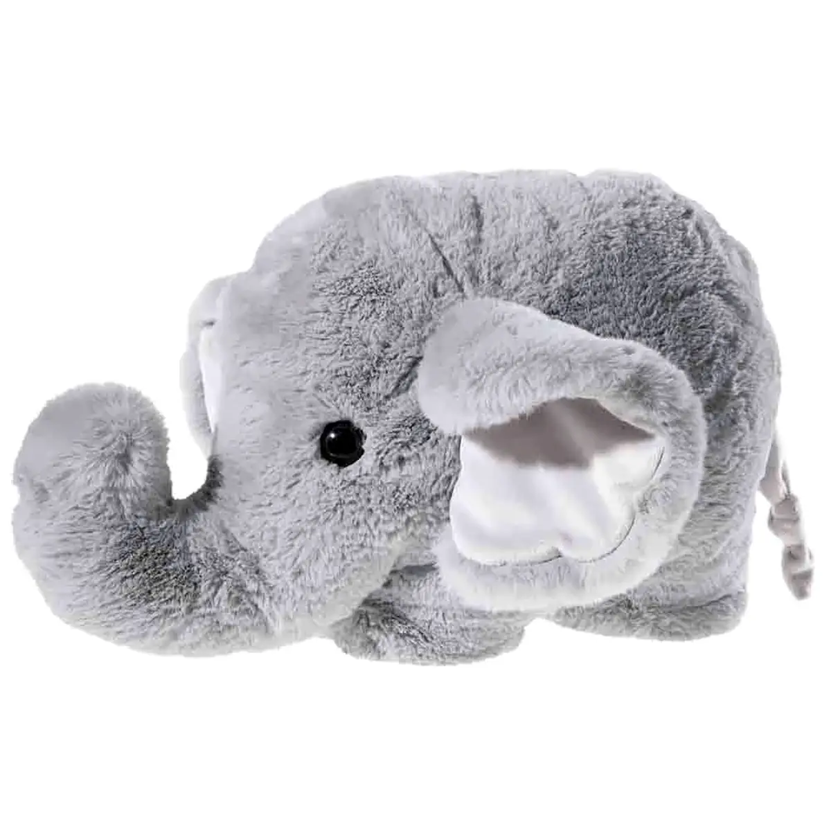 Elefant Kissen Grau 50 cm in liegender Seitenansicht mit hochgebogenem Rüssel, hellen Ohrinnenseiten und kleinem Schwanz