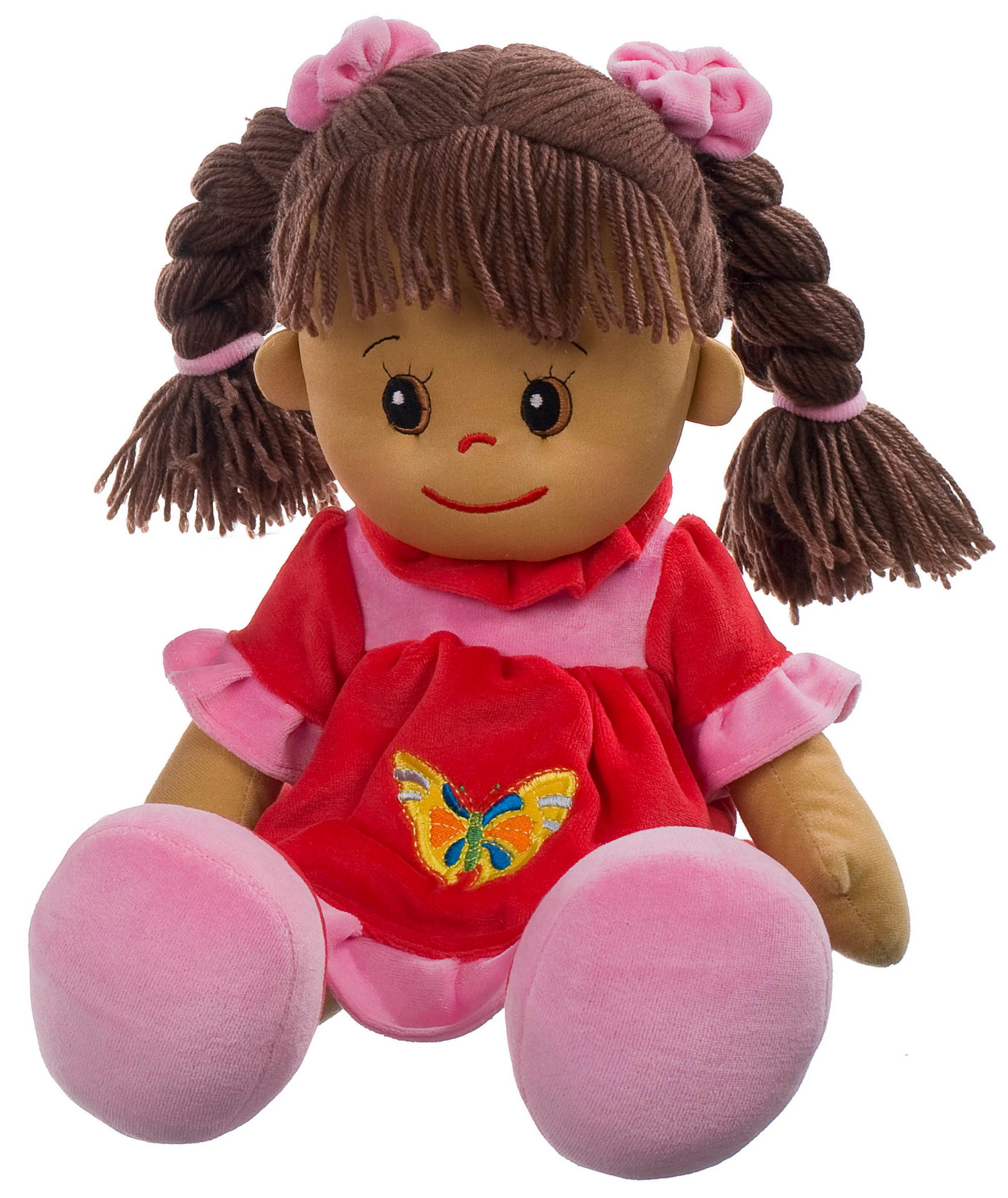 Heunec Poupetta Lucy mit braunem Haar und rosa-pinkem Kleidchen und Schühchen in 50cm