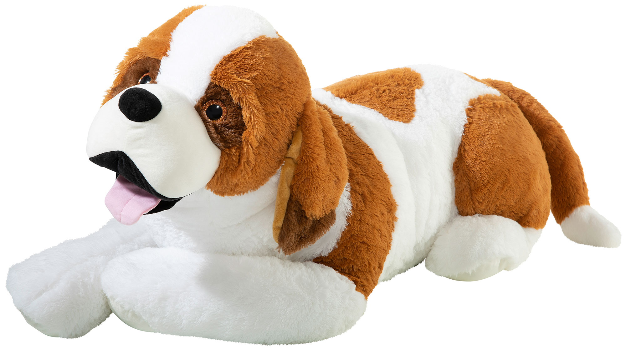 Großer Plüschhund zum Kuscheln Großer, liegender Plüschhund mit braun-weißen Fellflecken und freundlichem Gesicht