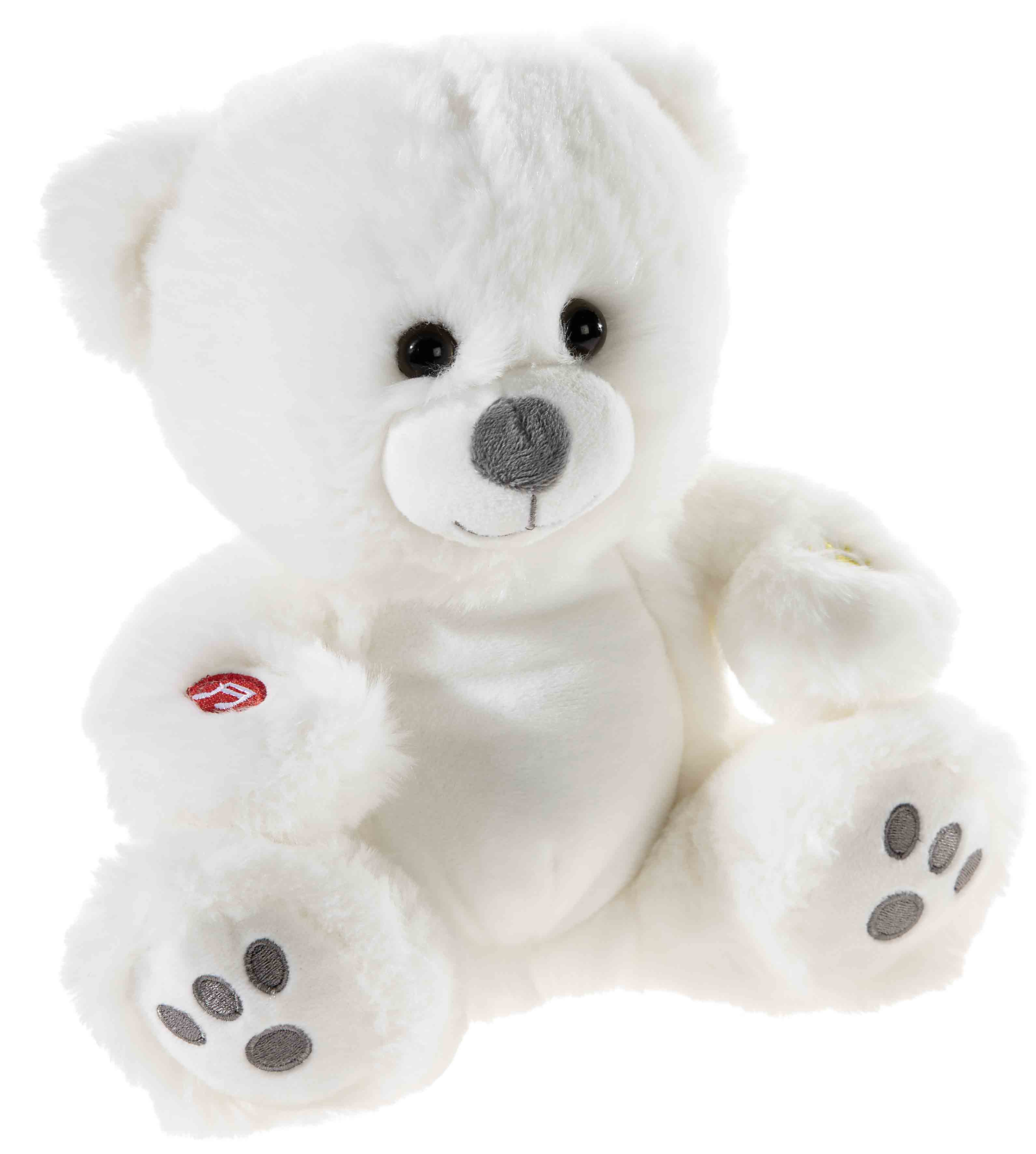 Weißer Plüsch-Teddybär mit grauer Nase und gestickten Tatzen, ideal zum Kuscheln