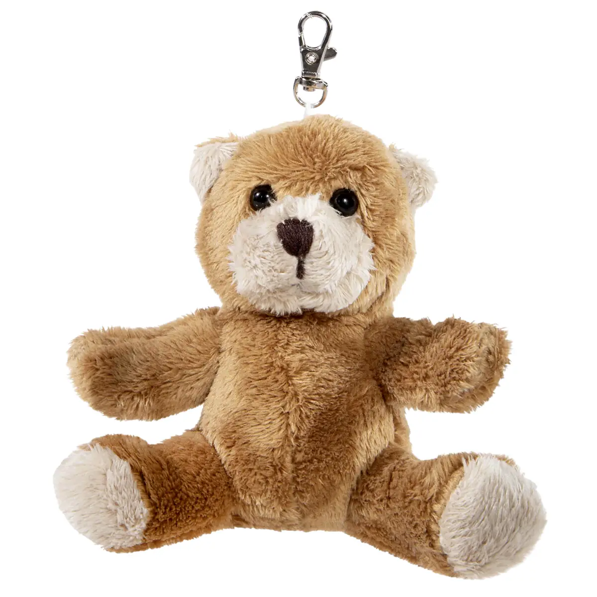 Brauner Schlüsselanhänger Bär 10 cm in Vorderansicht mit Karabiner, heller Schnauze, hellen Pfoten und dunkler Nase