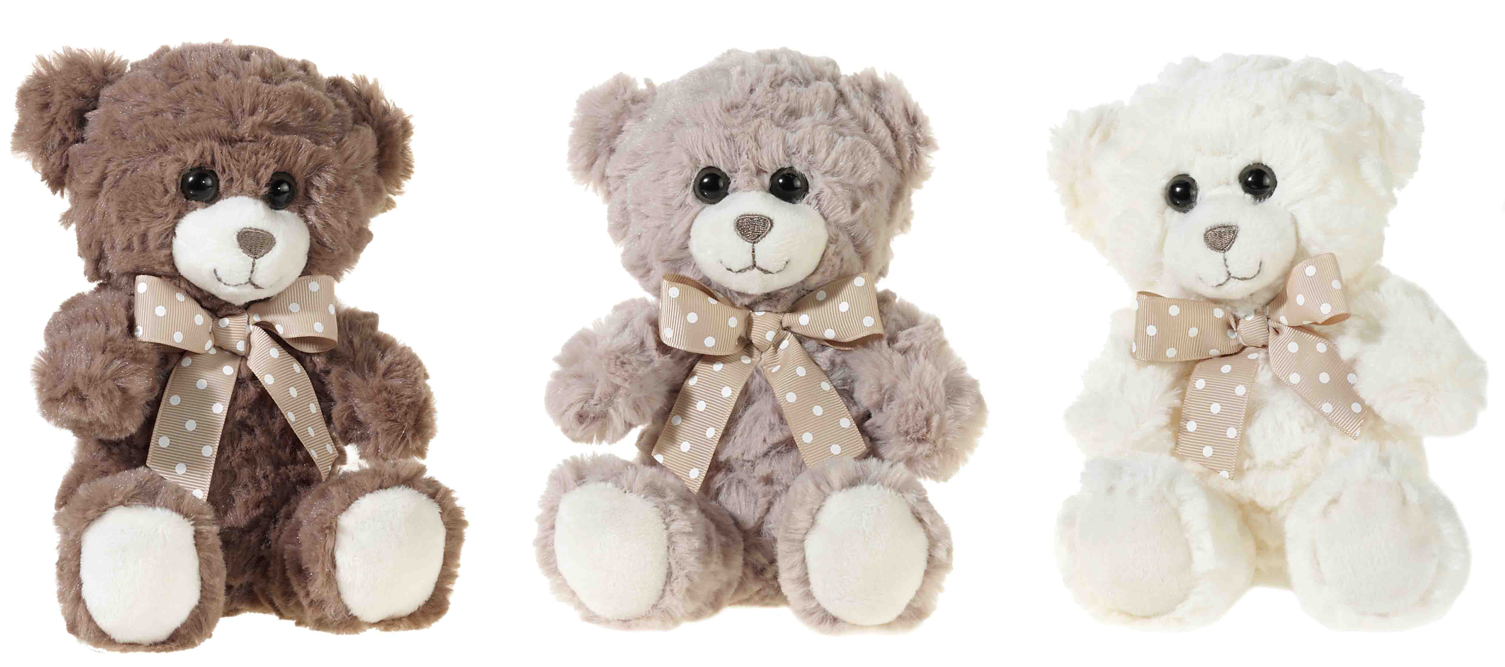 Drei Plüschbären nebeneinander in den Farben Braun, Beige und Weiß, jeweils mit gepunkteten Schleifen verziert