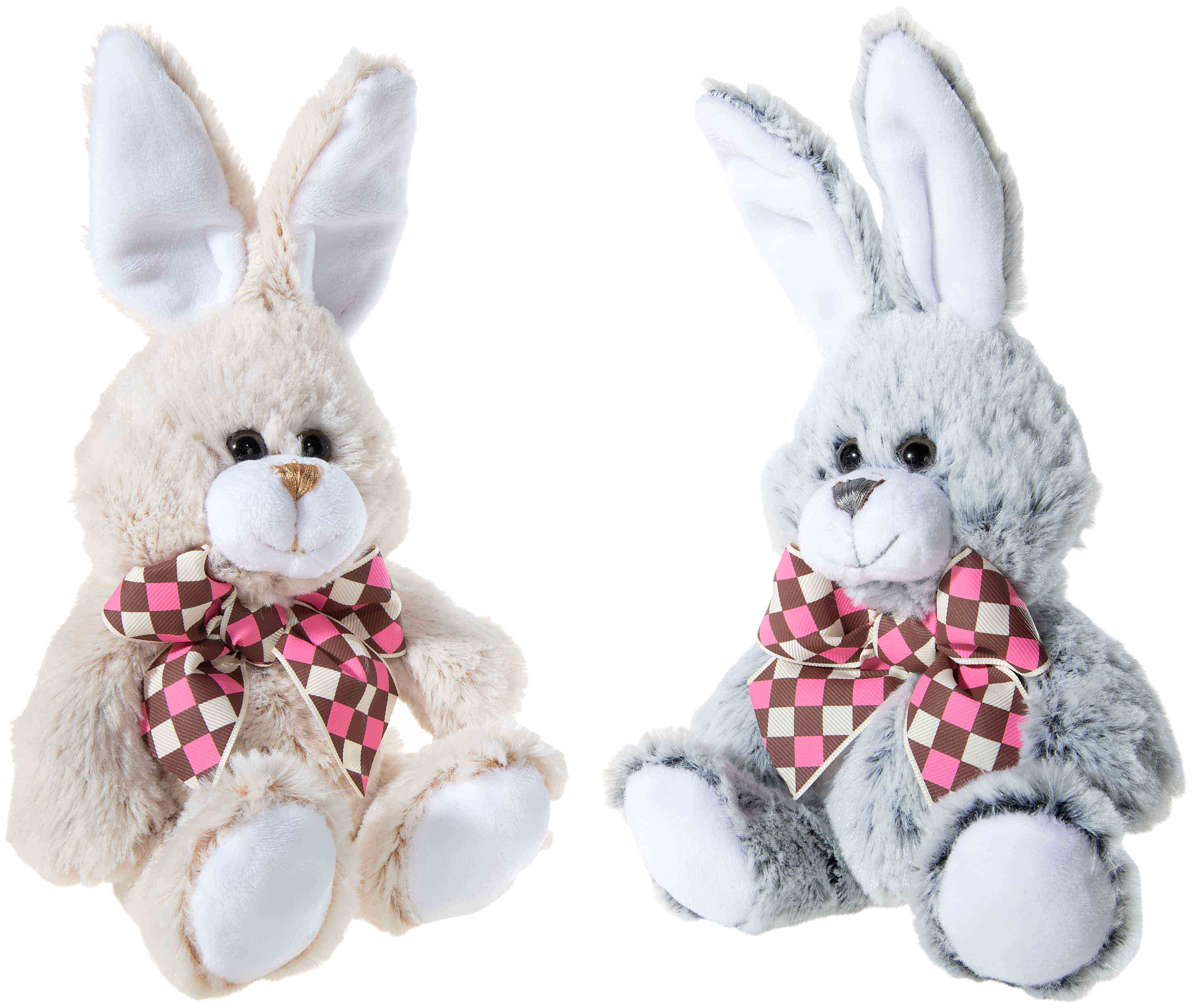 Plüschhasen-Duo mit karierten Schleifen Zwei Plüschhasen in Beige und Grau mit karierten Schleifen sitzen nebeneinander
