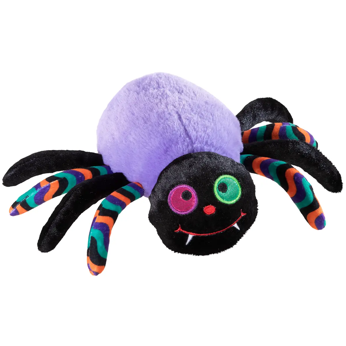 Halloween Spinne lila 22 cm von heunec – kuschelweiches Spinnen-Kuscheltier mit lilafarbenem Körper, lustigen applizierten Augen und schwarzem Design, ideal zum Spielen, Kuscheln und als Halloween-Dekoration.