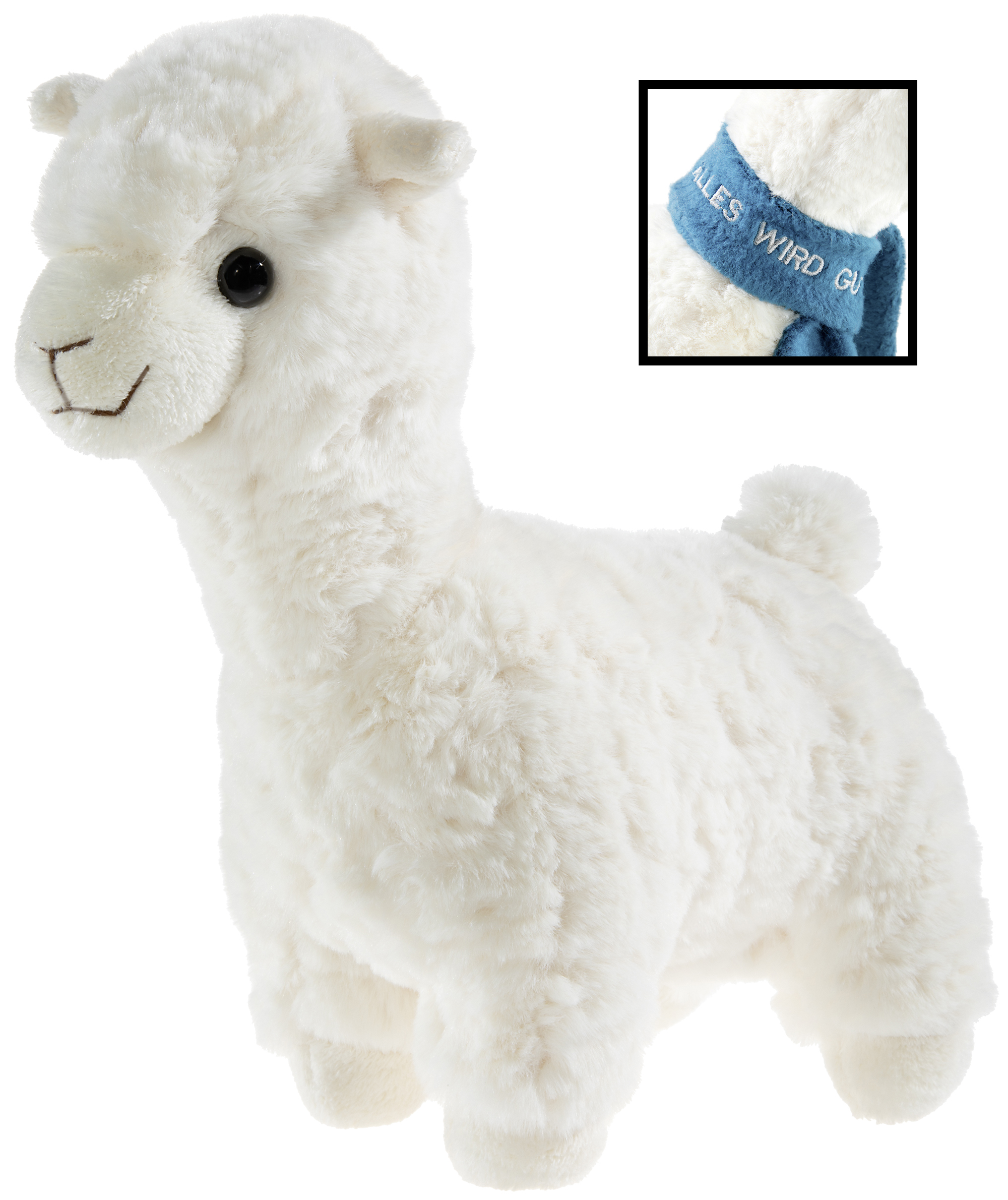 Weißes Plüschlama mit aufgesticktem Schal - "Alles wird gut" Kuschelweiches, weißes Plüschlama mit einem blauen Schal, der die Aufschrift "Alles wird gut" trägt.