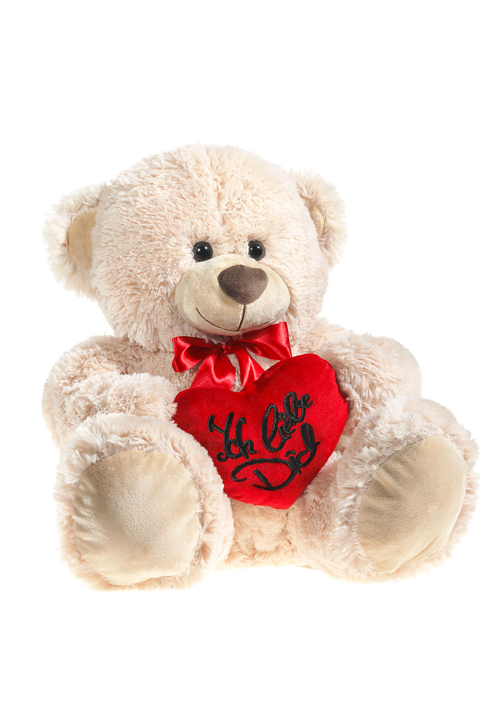 Plüsch-Teddy mit rotem Herz 'Ich liebe Dich' Kuschelweicher Teddybär hält ein rotes Herz mit der Aufschrift 'Ich liebe Dich', ideal als Geschenk.