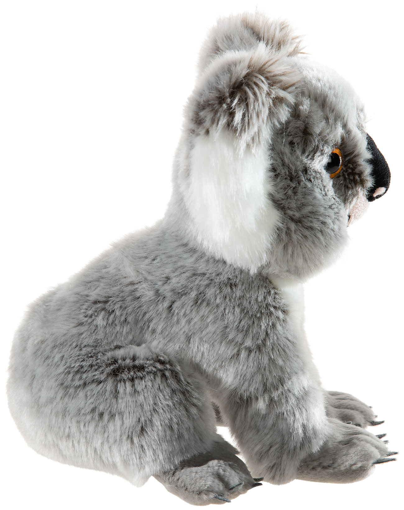 Plüsch-Koala seitliche Ansicht - Weiches Kuscheltier Grauer Plüsch-Koala seitlich gesehen, flauschig und detailreich gestaltet mit realistisch wirkenden Augen.