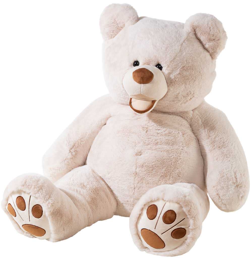 Großer, cremefarbener Plüsch-Teddybär mit braunen Pfotenpads, perfekt zum Kuscheln.