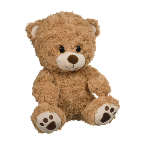 Ein niedlicher, brauner Teddybär aus weichem Plüsch sitzt aufrecht