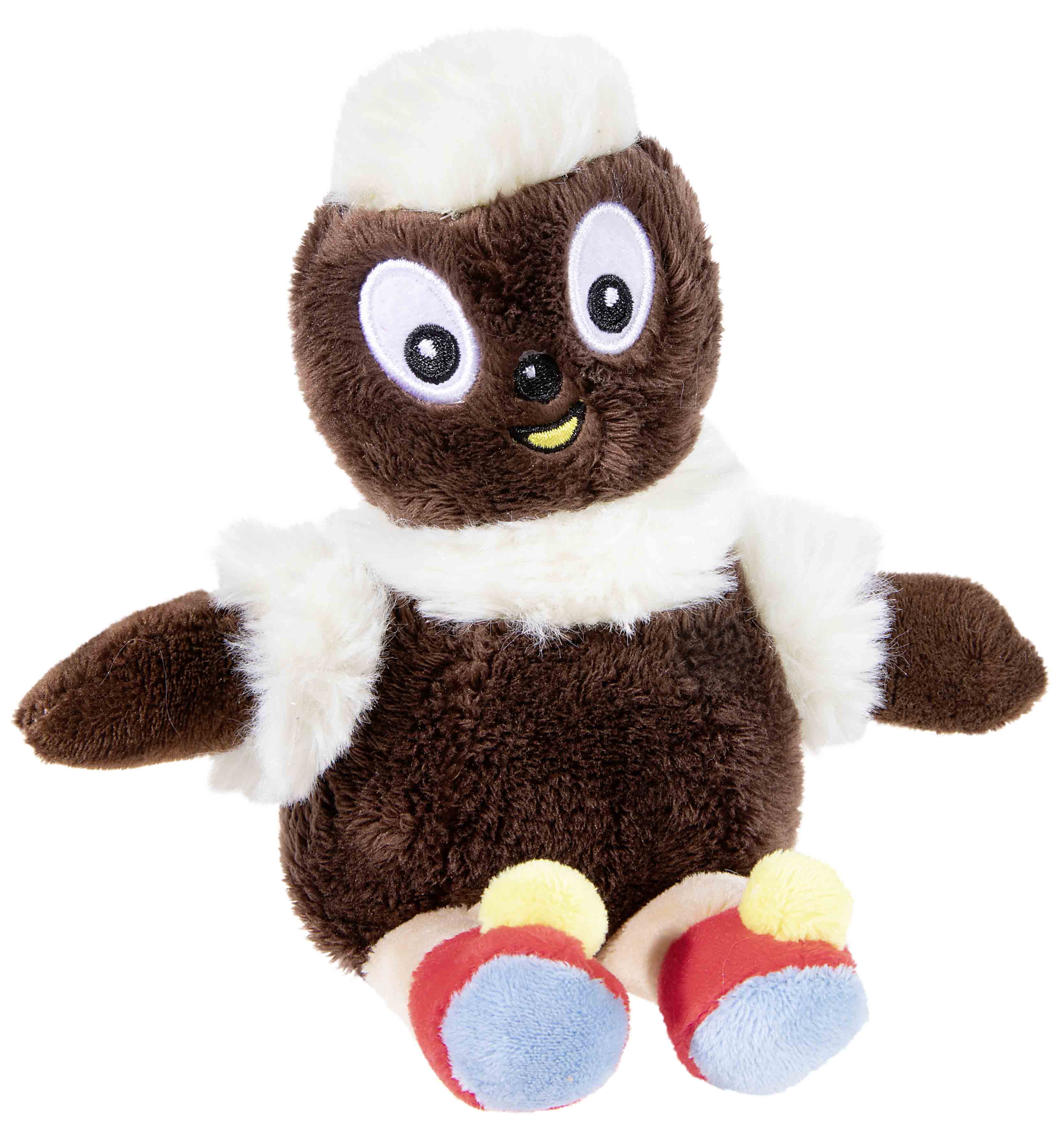 Plüsch-Eule mit großen Augen und bunten Füßen, ideal zum Kuscheln