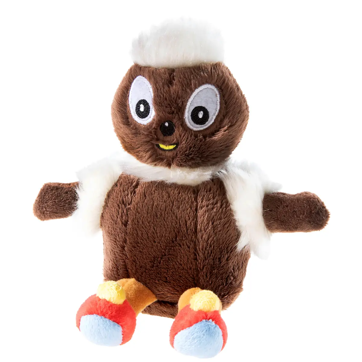 Plüsch-Eule mit großen Augen und bunten Füßen, ideal zum Kuscheln
