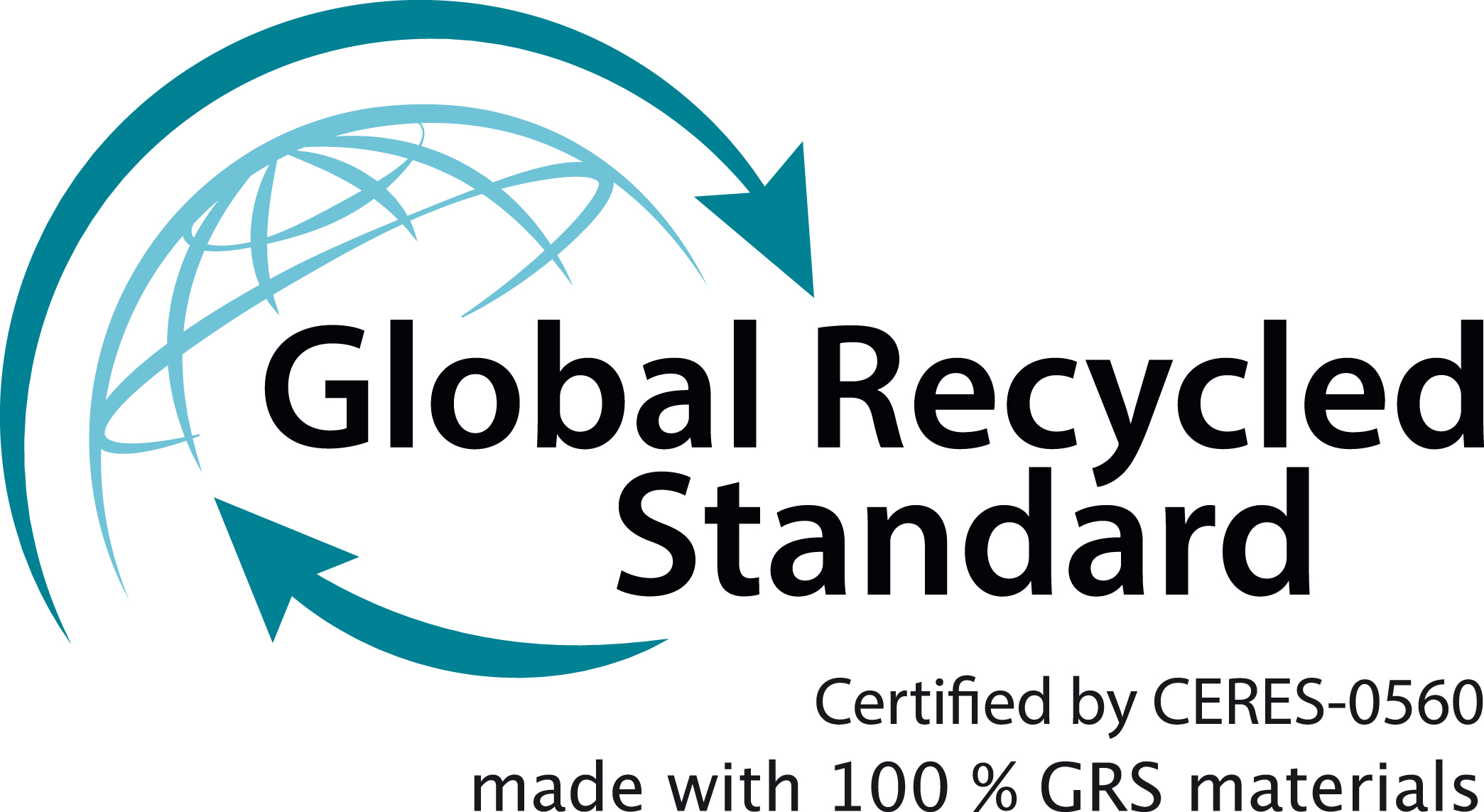 Global Recycled Standard Zertifizierungssiegel Logo des Global Recycled Standard, zertifiziert durch CERES-0560, mit 100 % GRS-Materialien