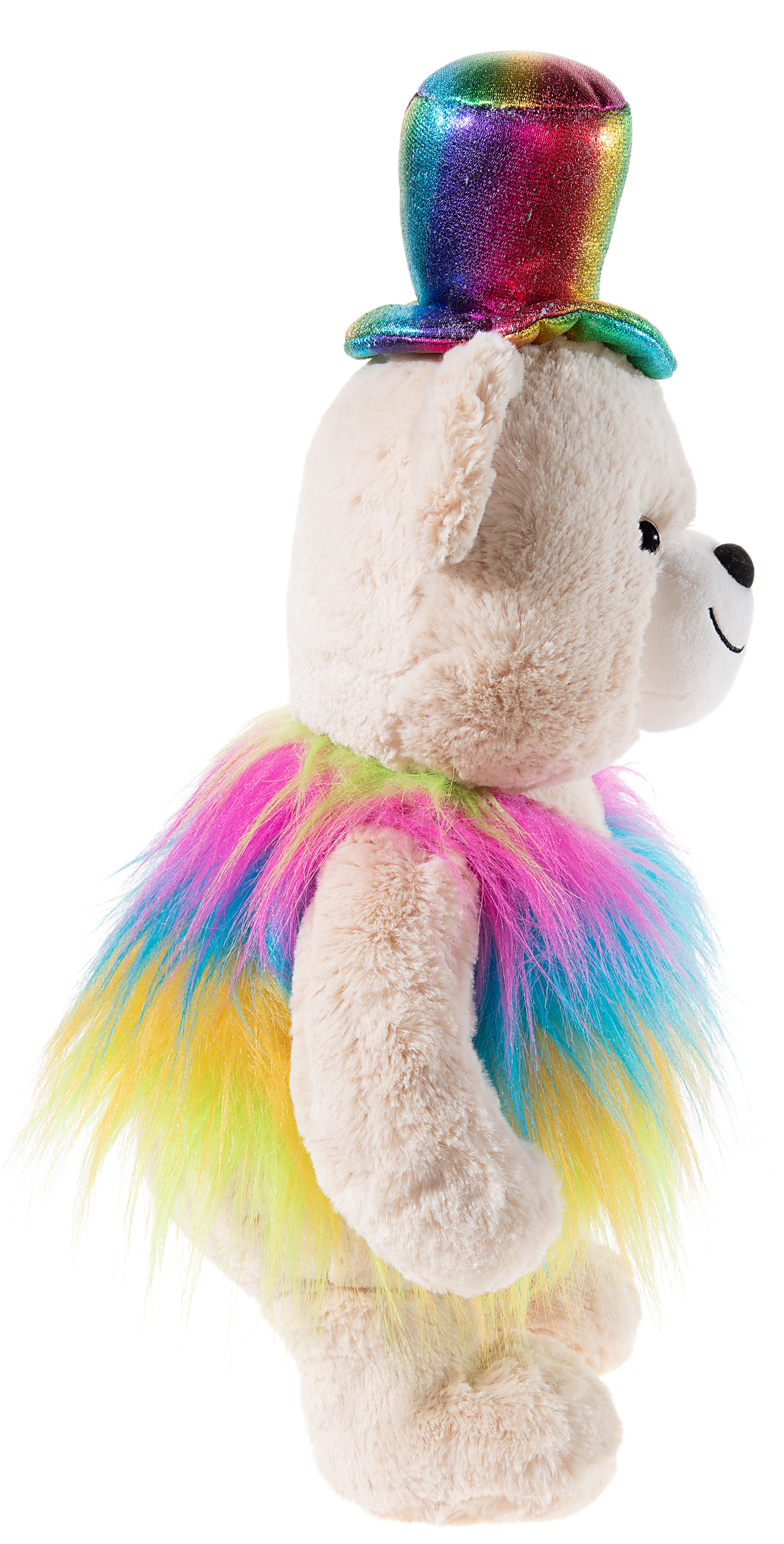 Seitenansicht eines Plüschteddybären mit schillerndem Regenbogenhut und farbenfroher Mähne
