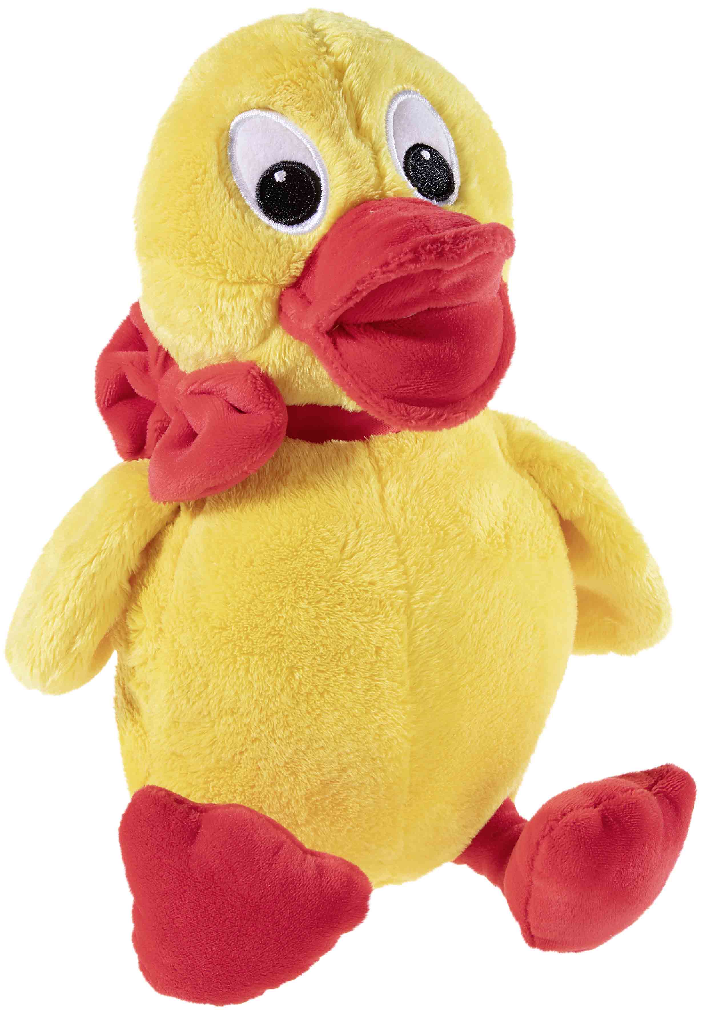 Gelbes Plüschtier in Form einer Ente mit großen Augen und roter Schleife