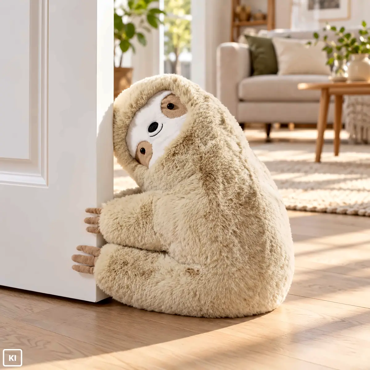 Faultier Türstopper Beige 50 cm mit geneigtem Kopf, hellem Gesicht und braunen Augenpartien in schräger Ansicht - KI generiert